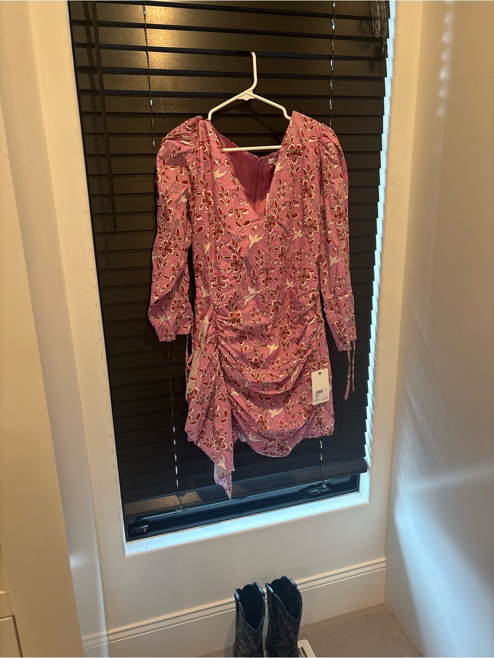 Pink Floral Ruched V-Neck Mini Dress